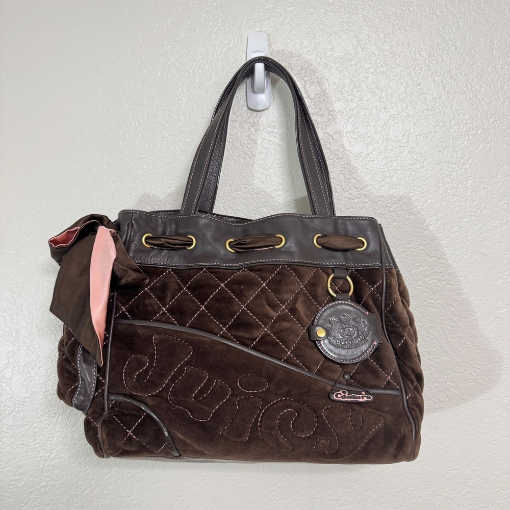 Juicy Couture Shoulder Bag Womens Brown Quilted Velour Y2K Bow Tote Handbag